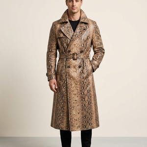 Mens Python Leather Trench Coat | Luxury Snakeskin Pattern Long Leather Coat | Double Breasted Belted Overcoat | Designer Biker Jacket