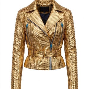 Goldfarbene Lederjacke mit Pythonmuster | Damen-Motorradjacke mit metallischem Schlangenprint | Handgefertigte Bikerjacke aus echtem Leder mit Gürtel Bild 7