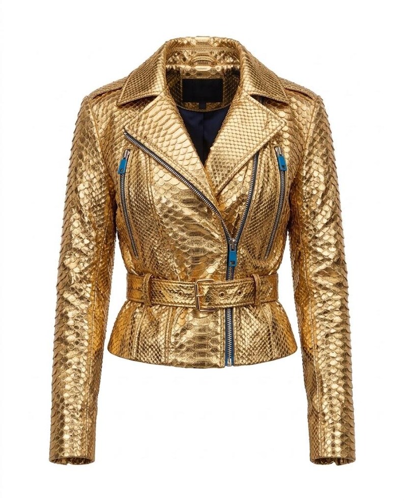 Goldfarbene Lederjacke mit Pythonmuster | Damen-Motorradjacke mit metallischem Schlangenprint | Handgefertigte Bikerjacke aus echtem Leder mit Gürtel Bild 7