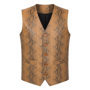 May include: A sleeveless vest featuring a brown and black snakeskin pattern. The garment has a V-neckline, a five-button front closure with matching brown buttons, and two horizontal welt pockets positioned at the lower front section.