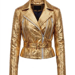 Goldfarbene Lederjacke mit Pythonmuster | Damen-Motorradjacke mit metallischem Schlangenprint | Handgefertigte Bikerjacke aus echtem Leder mit Gürtel Bild 2
