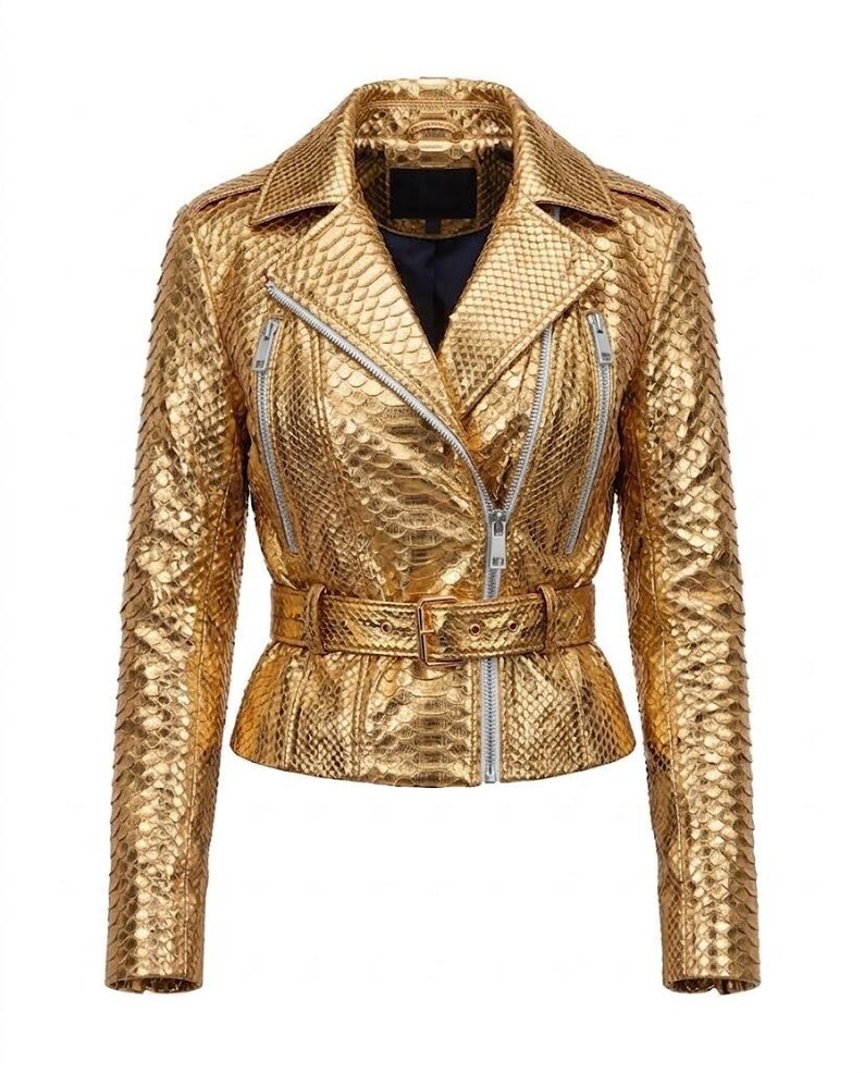 Goldfarbene Lederjacke mit Pythonmuster | Damen-Motorradjacke mit metallischem Schlangenprint | Handgefertigte Bikerjacke aus echtem Leder mit Gürtel Bild 2