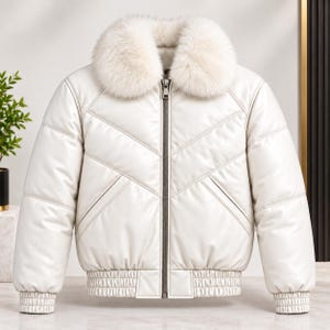 Pode incluir: Um casaco acolchoado branco com uma gola de pelo sintético espessa e macia, um fecho de correr metálico prateado a todo o comprimento e costuras acolchadas em padrão chevron. Inclui mangas compridas com punhos canelados e bainha canelada.