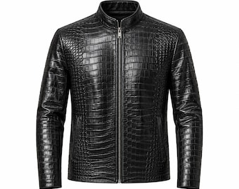 Chaqueta de cuero genuino con relieve de cocodrilo para hombre / Abrigo de motociclista negro, corte ajustado, estilo urbano.