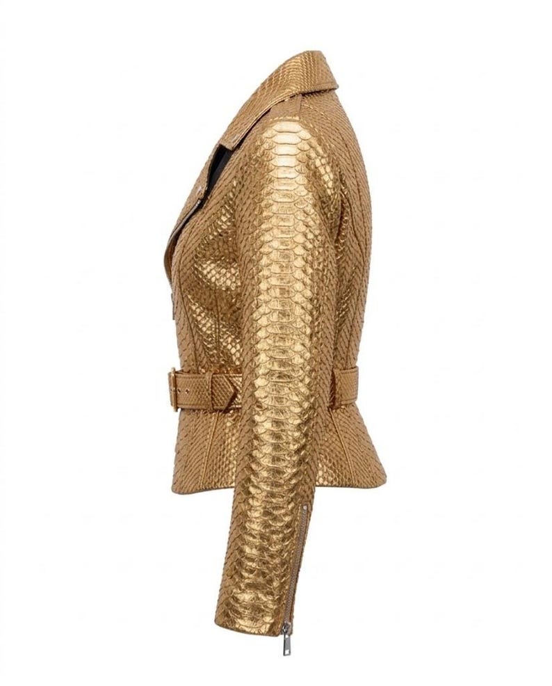 Goldfarbene Lederjacke mit Pythonmuster | Damen-Motorradjacke mit metallischem Schlangenprint | Handgefertigte Bikerjacke aus echtem Leder mit Gürtel Bild 5