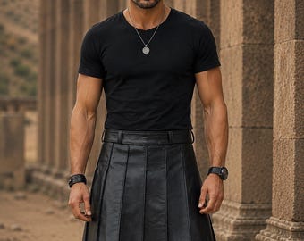 Falda escocesa gladiadora de cuero negro para hombre / Falda gótica romana vikinga para festivales