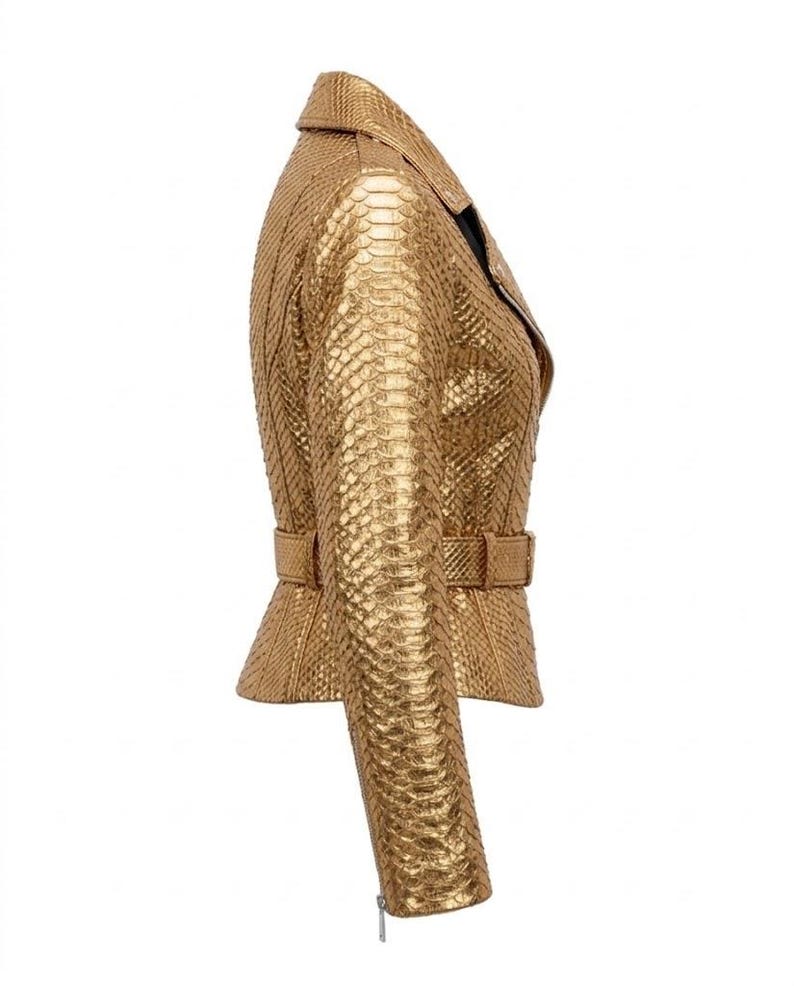 Goldfarbene Lederjacke mit Pythonmuster | Damen-Motorradjacke mit metallischem Schlangenprint | Handgefertigte Bikerjacke aus echtem Leder mit Gürtel Bild 6