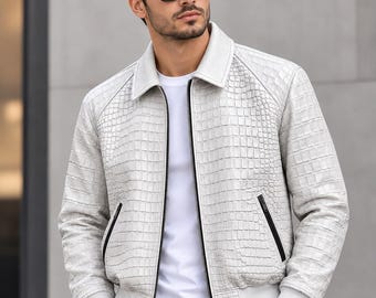 Handmade Men’s White Crocodile Embossed Leather Jacket | Luxury Bomber Jacket | Textured Biker Jacket | Designer Streetwear