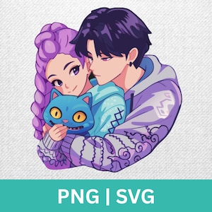 May include: Illustration of a couple embracing, holding a blue cartoon cat. The woman has purple hair, and the man has black hair. They are wearing light blue and purple hoodies. The image has the text "PNG | SVG" at the bottom.