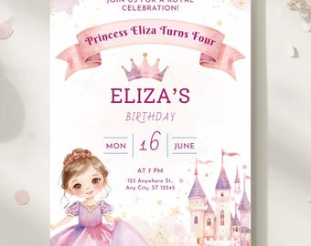 Princess Birthday Invitation for Girls, Editable Canva Template, Pink Royal Party Invite, Kids Birthday Printable
