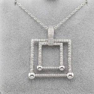 Geometric Double Square Pave Necklace, Architectural Modern Silver Pendant