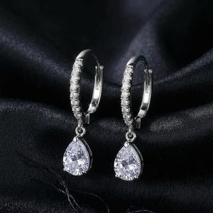 Pear Cut Solitaire Drop Huggie Earrings • White Gold Finish Teardrop Dangle Hoops