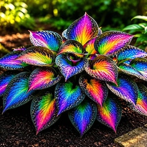May include: A vibrant hosta plant featuring heart-shaped leaves with a striking rainbow gradient pattern. The foliage transitions from deep purple and blue edges to bright yellow and orange centers, accented by small white speckles across the surface.