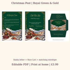 Editable Santa Letter, Nice List Certificate and Snowy Envelope - Royal Green & Gold Christmas Post PDF