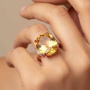 Bague citrine naturelle, forme ovale finition or rose, bague en argent sterling 925, bague faite main, bague minimaliste, bague réglable, cadeau de mariage