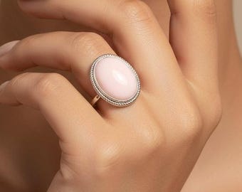 Rosa opalring, 925 sterlingsilverring, oktober-födelsestensring, oval ring, kvinnoring, handgjord silverring, födelsedagspresent till fru