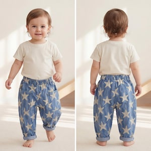 Back view of toddler wearing elastic waist kids barrel pants with relaxed fit and softly curved leg shape