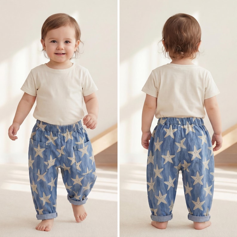 Back view of toddler wearing elastic waist kids barrel pants with relaxed fit and softly curved leg shape