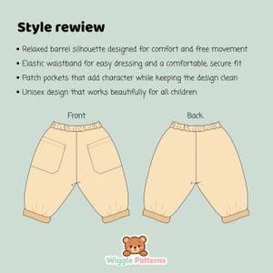 Illustrated style overview of kids barrel pants sewing pattern showing front and back views, relaxed barrel silhouette, elastic waistband, patch pockets, and unisex design features labeled for clarity