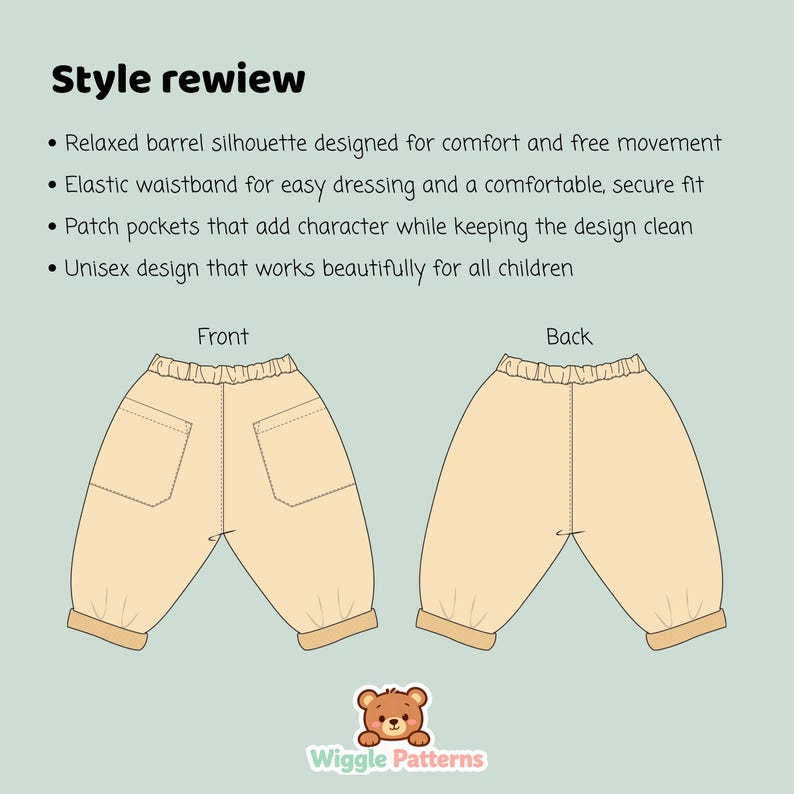 Illustrated style overview of kids barrel pants sewing pattern showing front and back views, relaxed barrel silhouette, elastic waistband, patch pockets, and unisex design features labeled for clarity
