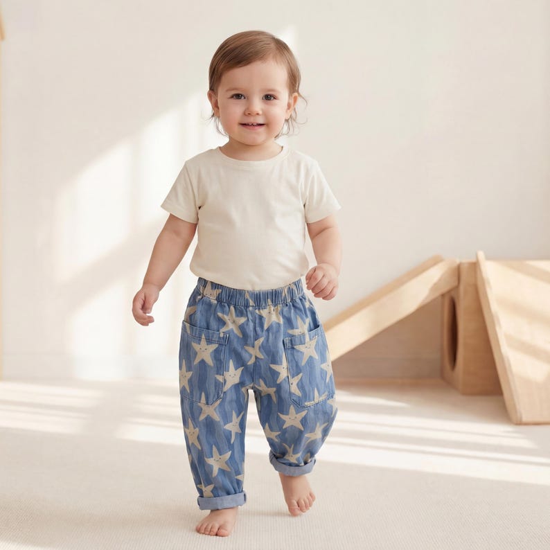 Toddler wearing handmade barrel pants with elastic waist and patch pockets, paired with a neutral t-shirt in a bright, minimalist playroom