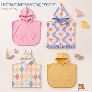 Patron de couture PDF pour poncho de plage enfant, paréo de plage à capuche pour bébé et enfant de 6 mois à 4 ans, capuche oreilles de lapin, patron facile pour débutants