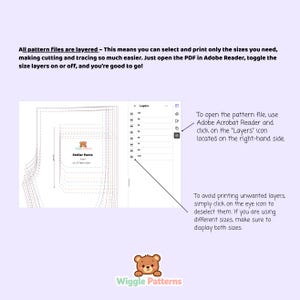 May include: A screenshot showing layered PDF pattern files for Stellar Pants. Instructions advise using Adobe Acrobat Reader to select and print sizes. The Wiggle Patterns logo, featuring a cartoon bear, is at the bottom.