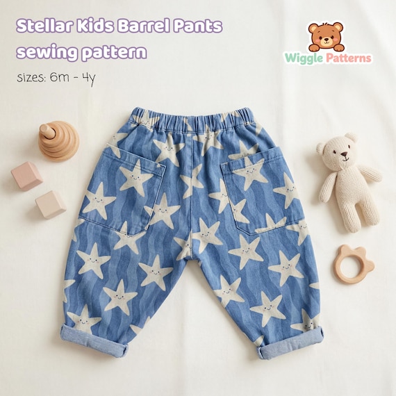 Stellar Kids Barrel Pants Sewing Pattern | Baby & Toddler Elastic Waist Pants PDF | Sizes 6m–4Y | Beginner Friendly
