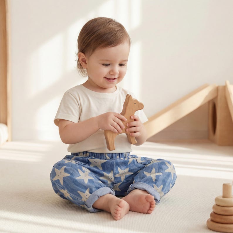 Toddler sitting indoors wearing handmade kids pants with star print, elastic waistband, and roomy fit designed for movement and play