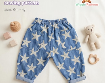 Patrón de costura para pantalones barril Stellar Kids / Pantalones con cintura elástica para bebés y niños pequeños (PDF) / Tallas 6 meses a 4 años / Apto para principiantes