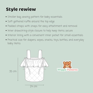 K&ouml;nnte beinhalten: Ein Schnittmuster f&uuml;r eine Kinderwagen-Tasche f&uuml;r Babyausstattung. Die Tasche hat eine weiche R&uuml;sche, gepolsterte Tr&auml;ger und einen Kordelzugverschluss. Sie ist 24 cm breit und 35 cm hoch. Der Text "Style rewiew" steht oben.