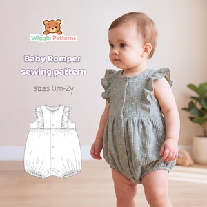 May include: A baby in a pale green romper with a floral design and frilled sleeves. The romper features a button-up front and a rounded neckline. The image also displays a sewing pattern for a baby romper, with the text "Baby Romper sewing pattern sizes 0m-2y".