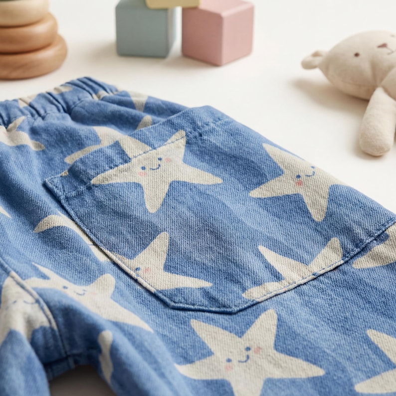Close-up of handmade kids barrel pants in blue cotton fabric with star print, showing large front patch pocket and elastic waistband detail