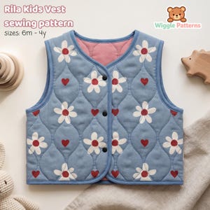 Patron de couture pour gilet matelassé pour enfants PDF | Débardeur pour tout-petits et bébés 6 mois-4 ans | Veste unisexe à boutons-pression | Fichiers superposés A4 A0 pour projecteur | Gilet Rila