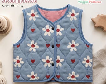 Kinder Steppweste Schnittmuster PDF | Kleinkind & Babyweste 6 M-4Y | Unisex Druckknopfjacke | Überlagerte A4 A0-Projektor-Dateien | Rila Weste
