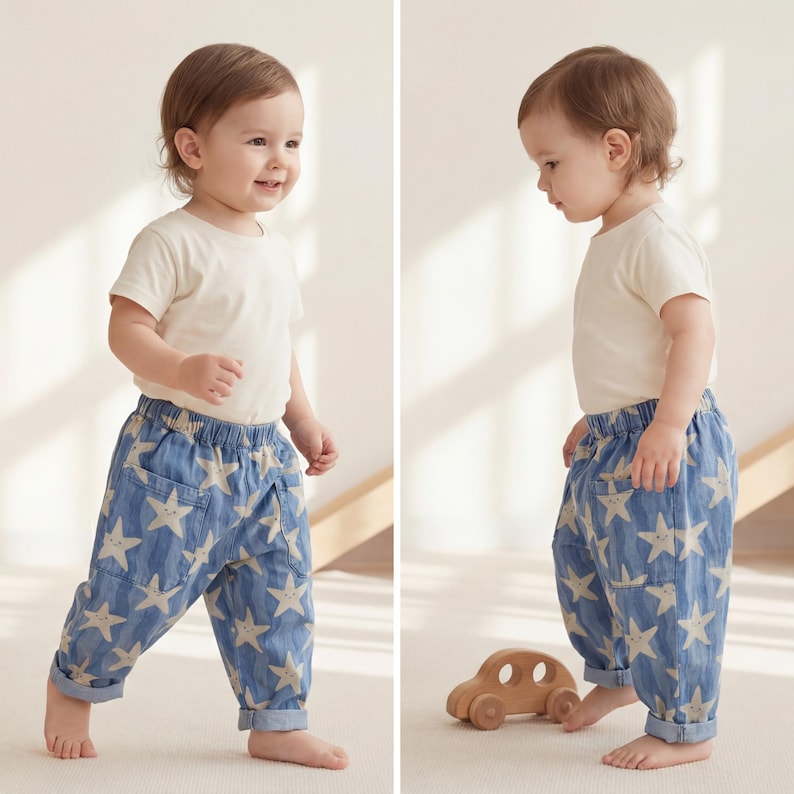 Side view of toddler wearing wide-leg barrel pants with elastic waistband and cuffed hem, showing relaxed and comfortable fit