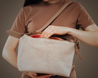 Beige Suede Shoulder Bag for Women, Handmade Genuine Leather Hobo Bag, Small Minimalist Suede Purse, Aesthetic Everyday Gift for Her