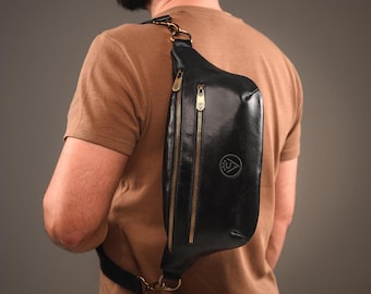 Men's Black Semi-Gloss Leather Sling Bag with Red Lining, Handmade Crossbody Waist Bag, Genuine Leather Fanny Pack, Gift for Him