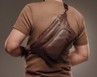 Men's Brown Pebbled Leather Sling Bag, Handmade Crossbody Waist Bag with Front Pocket, Genuine Leather Fanny Pack, Travel Gift for Him
