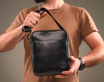 Men's Black Leather Crossbody Messenger Bag, Handmade Shoulder Satchel Organizer, Sleek Small Travel Bag, Anniversary Gift for Husband