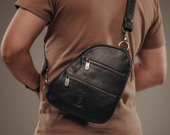 Handmade Black Leather Sling Bag for Men, Minimalist Crossbody Chest Pack, Anniversary Gift for Husband, Birthday Gift for Boyfriend