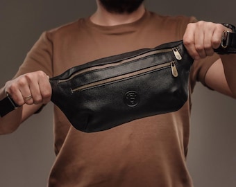 Men's Classic Black Leather Sling Bag with Red Lining, Handmade Crossbody Waist Bag, Genuine Leather Fanny Pack, Gift for Him