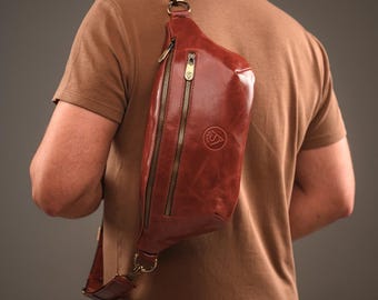 Men's Cognac Semi-Gloss Leather Sling Bag with Red Lining, Handmade Crossbody Waist Bag, Genuine Leather Fanny Pack, Gift for Him