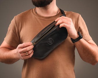 Handmade Leather Sling Bag Unisex Black Semi Gloss Crossbody Bag Mens Fanny Pack Leather Belt Bag, Shoulder Sling Bag for Man, Genuine Waist
