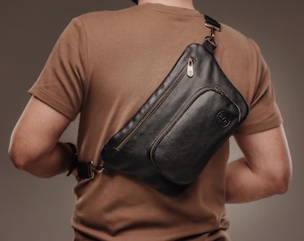 Men's Black Pebbled Leather Sling Bag, Handmade Crossbody Waist Bag with Front Pocket, Genuine Leather Fanny Pack, Travel Gift for Him