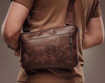 Mens Brown Leather Sling Bag, Small Crossbody Travel Pack, Genuine Leather Chest Bag, Anniversary Gift for Husband, Birthday Gift for Him