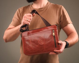 Mens Cognac Leather Sling Bag, Small Crossbody Shoulder Bag, Genuine Leather Travel Chest Pack, Anniversary Gift for Husband, Gift for Him