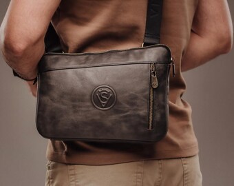 Mens Matte Black Leather Crossbody Sling Bag, Handmade Shoulder Chest Bag Organizer, Small Messenger Fanny Pack, Gift for Him Husband