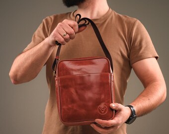 Men's Cognac Semi-Gloss Genuine Leather Crossbody Messenger Bag, Handmade Shoulder Bag Organizer, Luxury Tan Sling, Premium Anniversary Gift