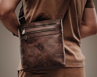 Men's Matte Black Leather Crossbody Messenger Bag, Vintage Leather Shoulder Bag with Zipper Pockets, Daily Work Travel Bag, Gift for Him